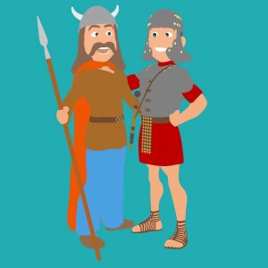 Das Bild zeigt einen Gallier und einen Römer, die sich umarmen. Bereitgestellt wurde es von Julien Tromeur auf Pixabay.